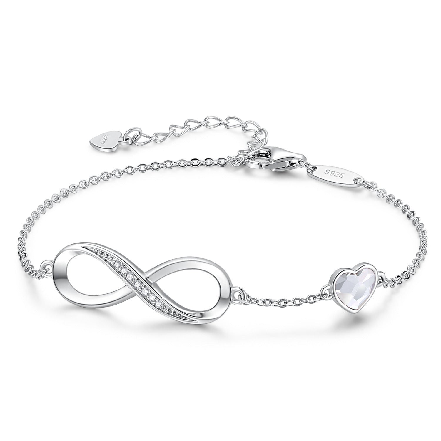 Infinity Heart Symbol Charm Link Bracelet for Women, 925 Sterling Silver Bracelet