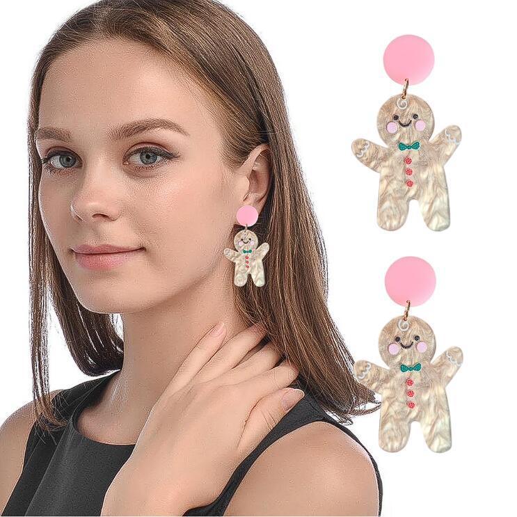 Christmas Santa Dangle Earrings, Funny Gingerbread Man Elf Pendan Earrings