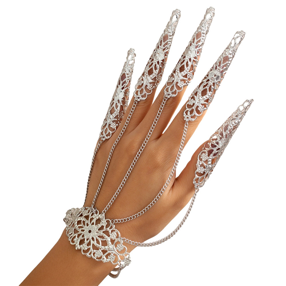 Gothic Style Hollow Out Ghost Hand Chain Punk Nail Ring Bracelet For Halloween Carnival