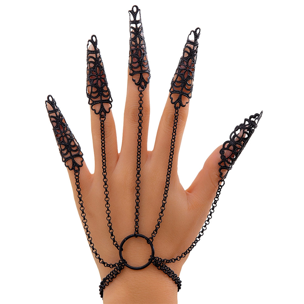 Gothic Style Hollow Out Ghost Hand Chain Punk Nail Ring Bracelet For Halloween Carnival