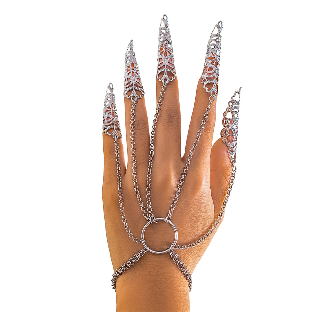 Gothic Style Hollow Out Ghost Hand Chain Punk Nail Ring Bracelet For Halloween Carnival