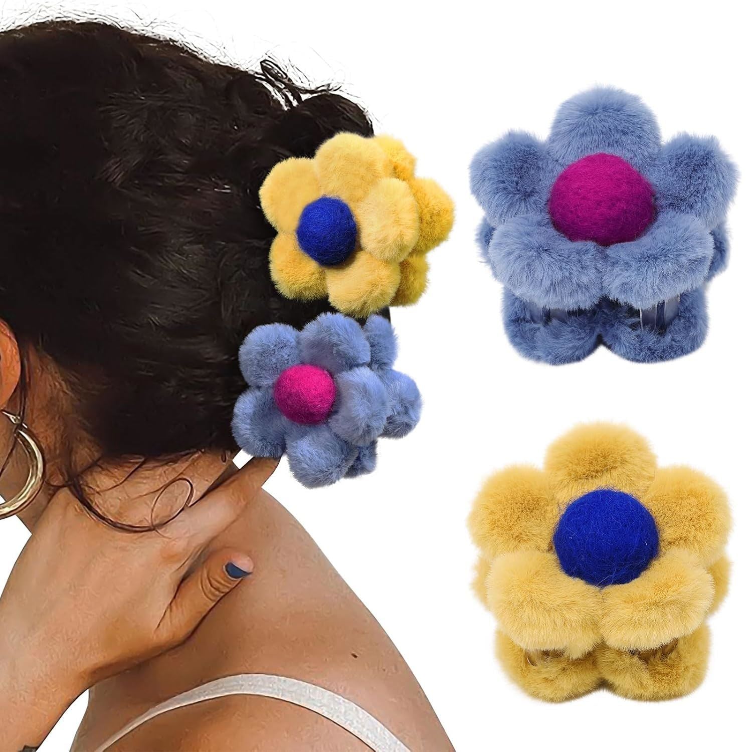 Flower Claw Clips, 2 PCs Fluffy Flower Hair Clips for Women