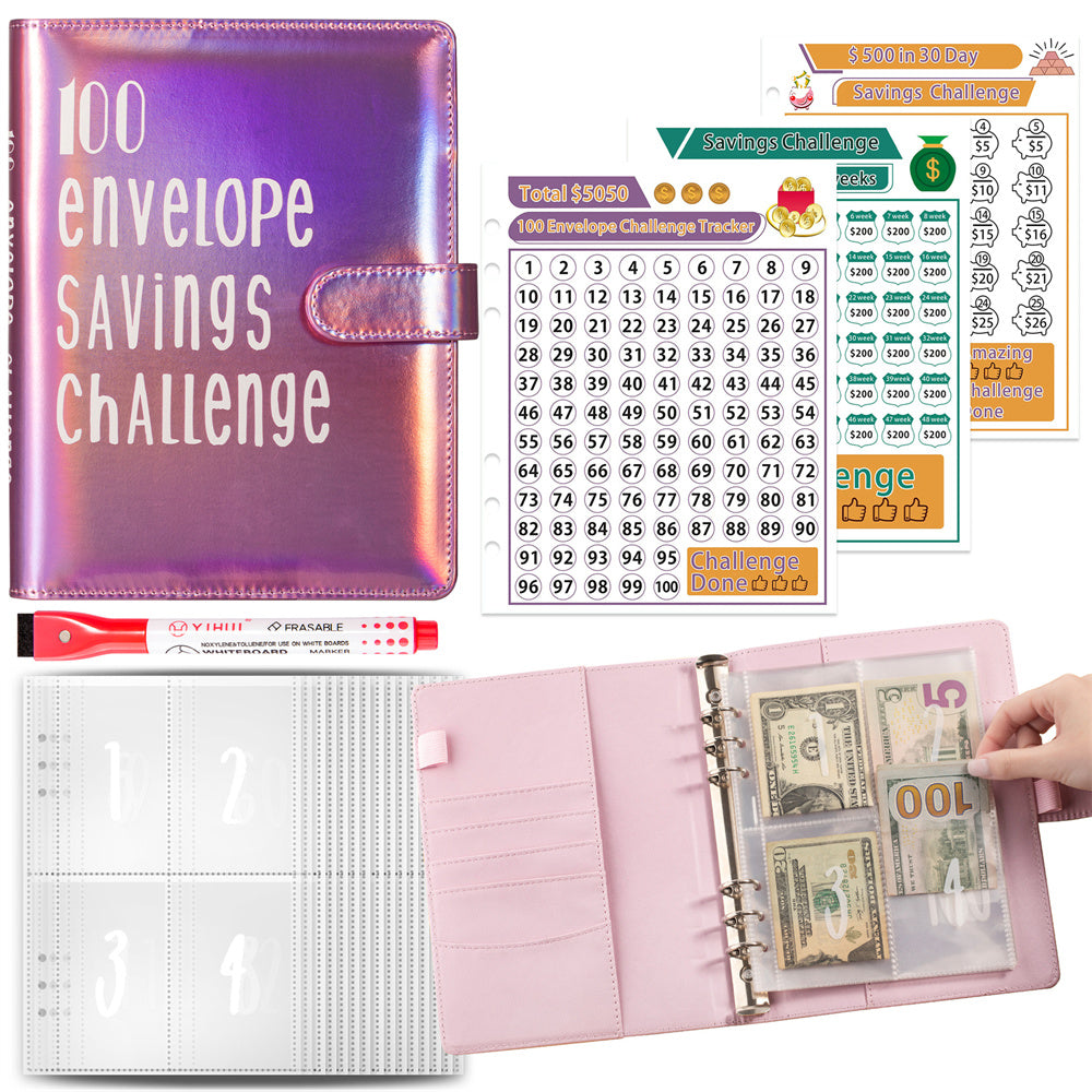 100 Envelopes Money Saving Challenge Binder, A5 Budget Binder with Cash Envelopes