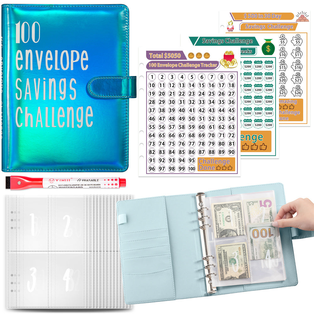 100 Envelopes Money Saving Challenge Binder, A5 Budget Binder with Cash Envelopes