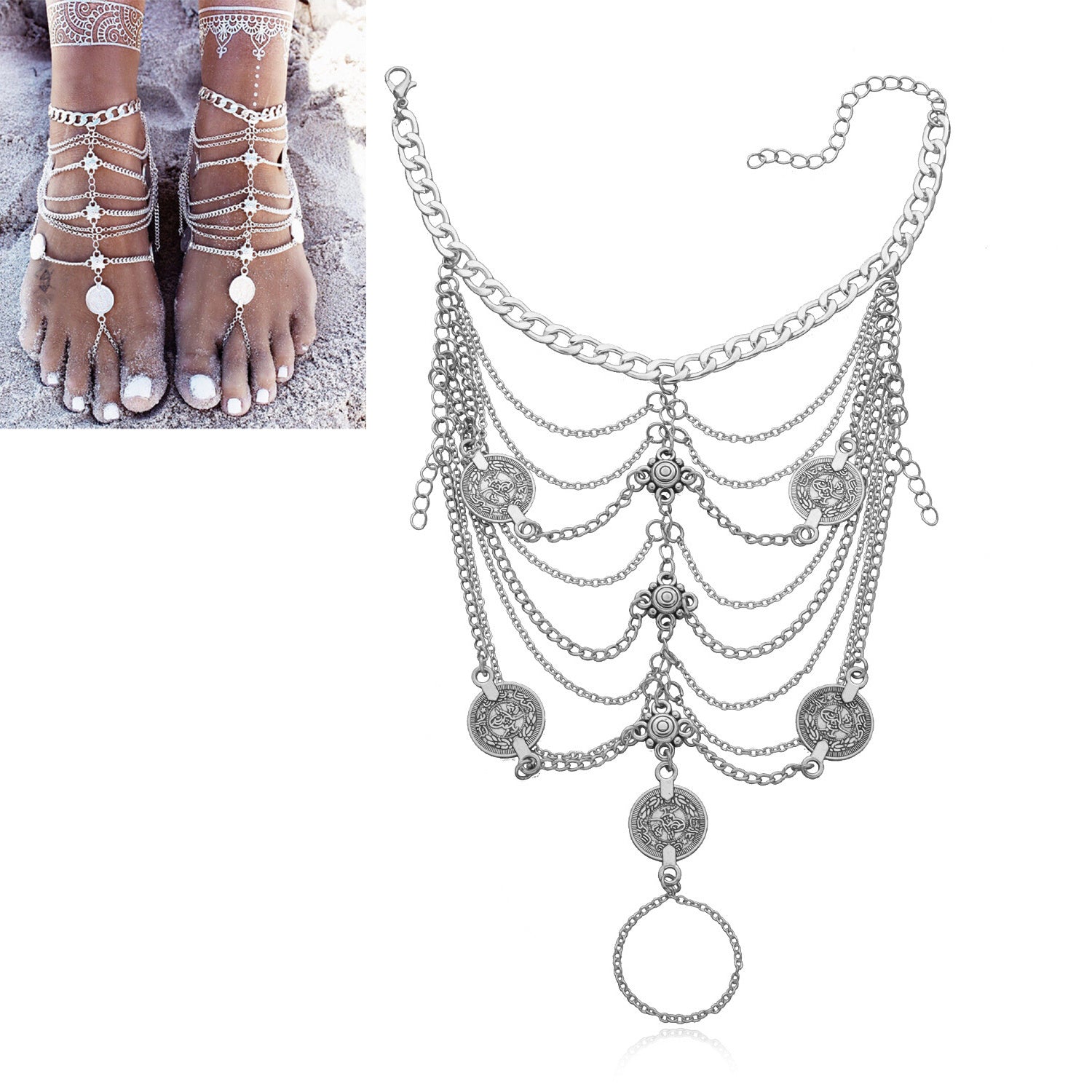 Silver Barefoot Sandals Foot Chain Jewelry Coin Anklet Bracelet