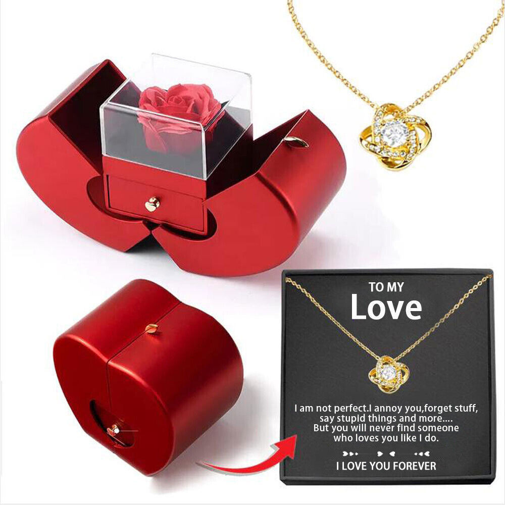 Preserved Red Real Rose Box with Necklace, Christmas Gifts for Women