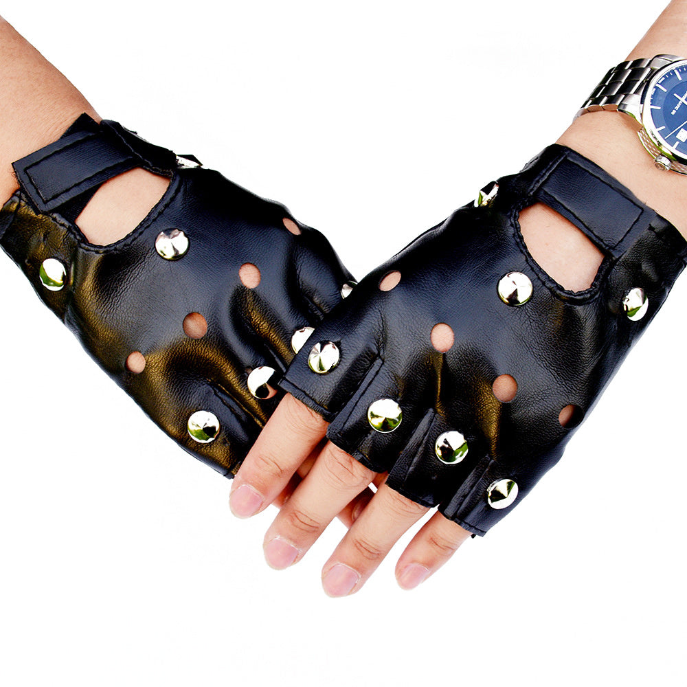 1Pairs Unisex Rivet Hollow PU Leather Punk Snap Half Finger Performance Gloves