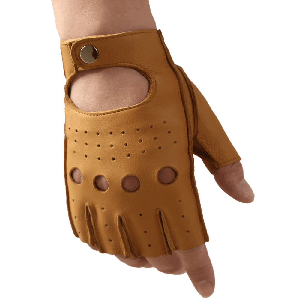 Mens Fingerless Half Finger Leather Driving Gloves Lambskin Unlined