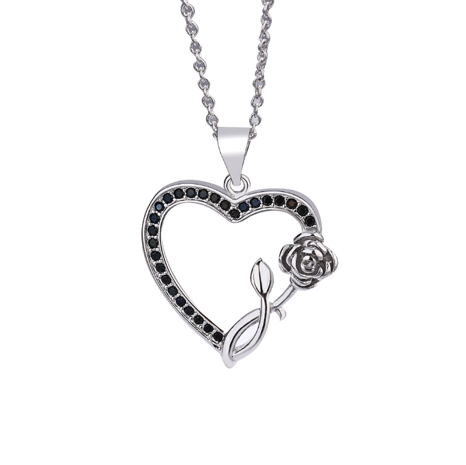 Silver black and White Diamond Heart Pendant Necklace