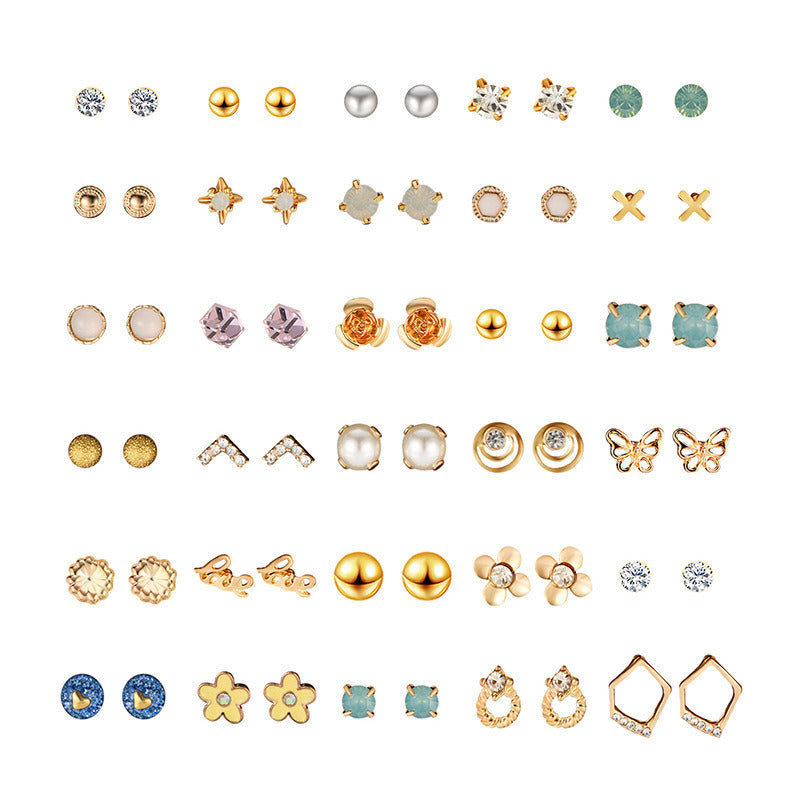 30 Pairs Gold Tone Stud Earrings Round Heart Rhombus Geometric Butterfly Alphabet Stud Earrings Faux Pearl Earrings Set