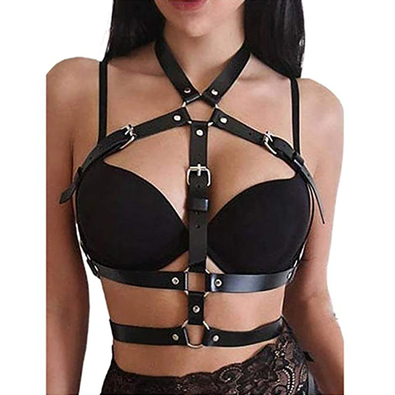 Punk Waist Chain Belt Leather Choker Belt One Piece Bra Chain Body Jewelry Accessories for Women and Girls(Black )