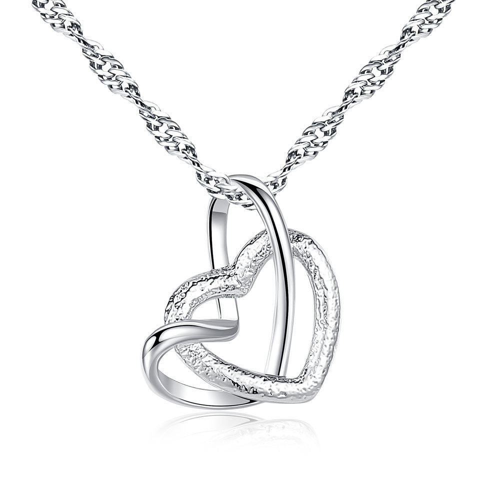 Ladies Double Heart Pendant Necklaces With Water Wave Chain