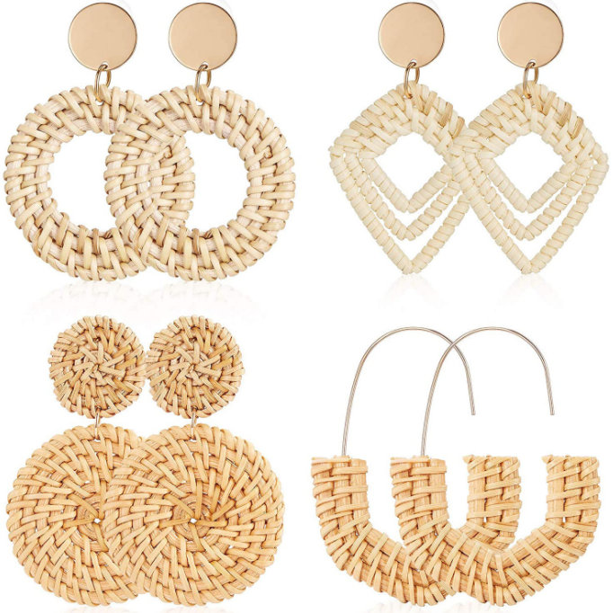 4 Pairs Rattan Earrings Lightweight Geometric Tassel Woven Earrings Handmade