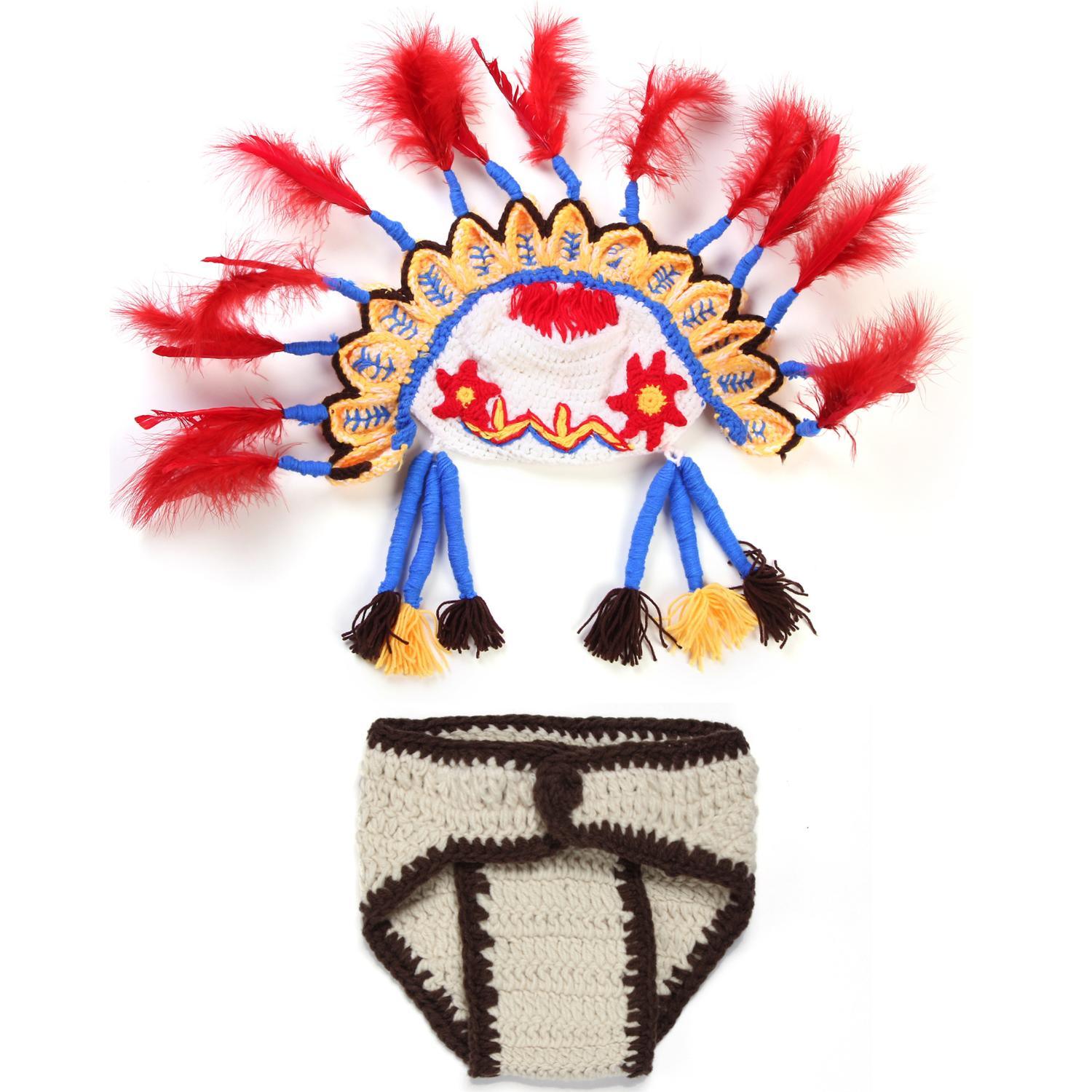 Newborn Baby Photography Prop Handmade knitted Indian Feather Hat Sets