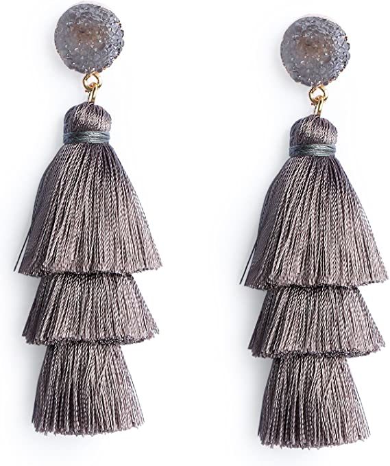 Colorful Layered Tassel Earrings Bohemian Tiered Tassel Druzy Stud Dangle Drop Earrings