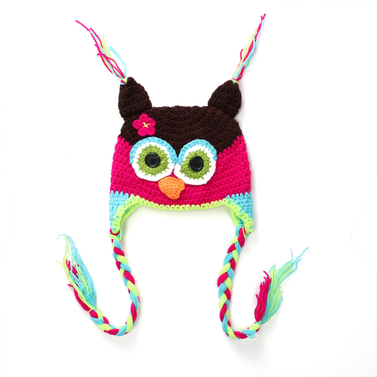 Unisex Baby Handmade Winter Knit Beanie Crochet Hot Pink and Brown Owl Hat