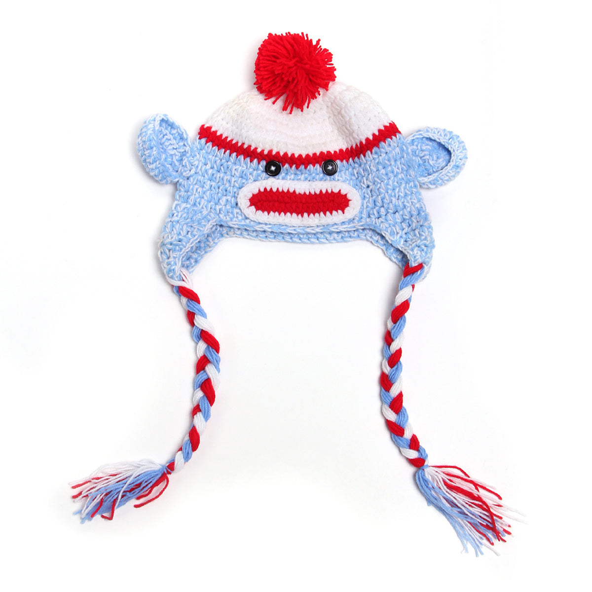 Baby Knit Monkey hat with blue,White and red Braids