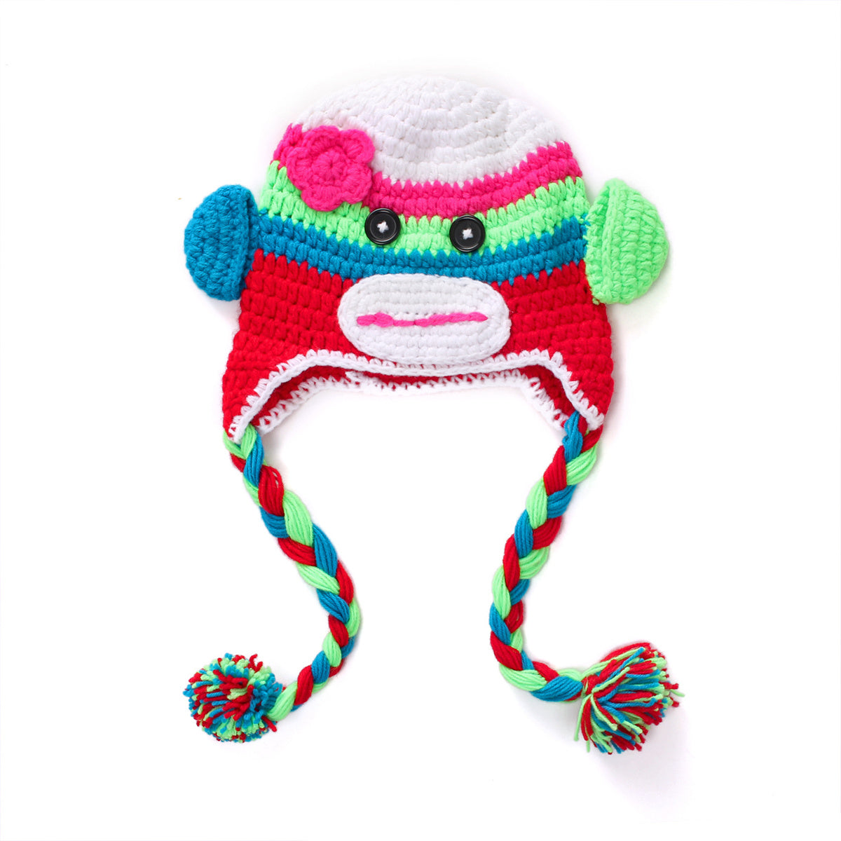 Unisex Baby Handmade Knit Monkey hat with bright colors, matching braids