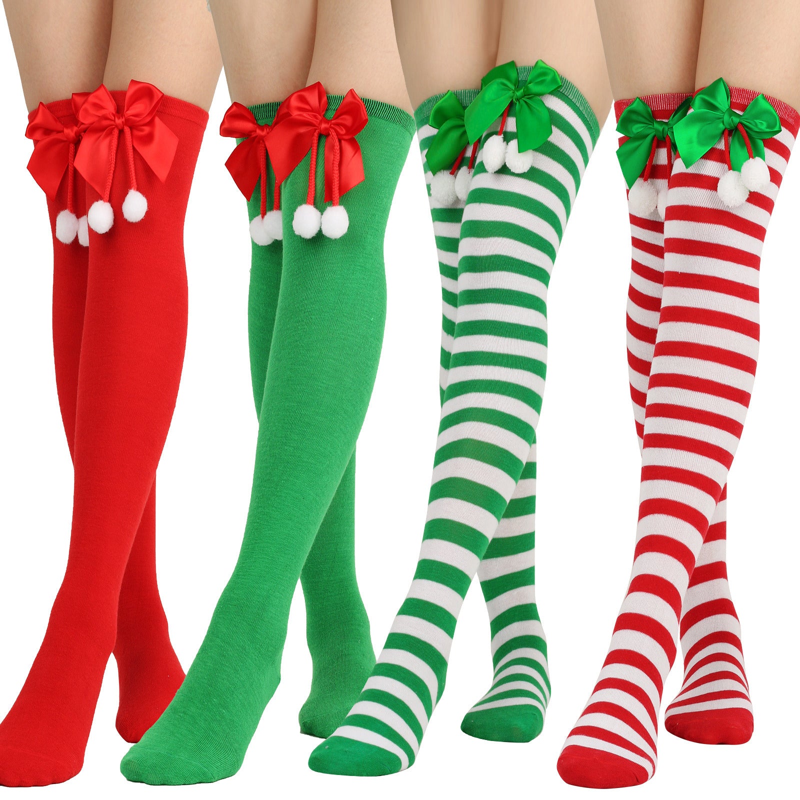 4pcs Women Christmas Long Tube Knee Socks Striped Garter with Bow Hair Ball