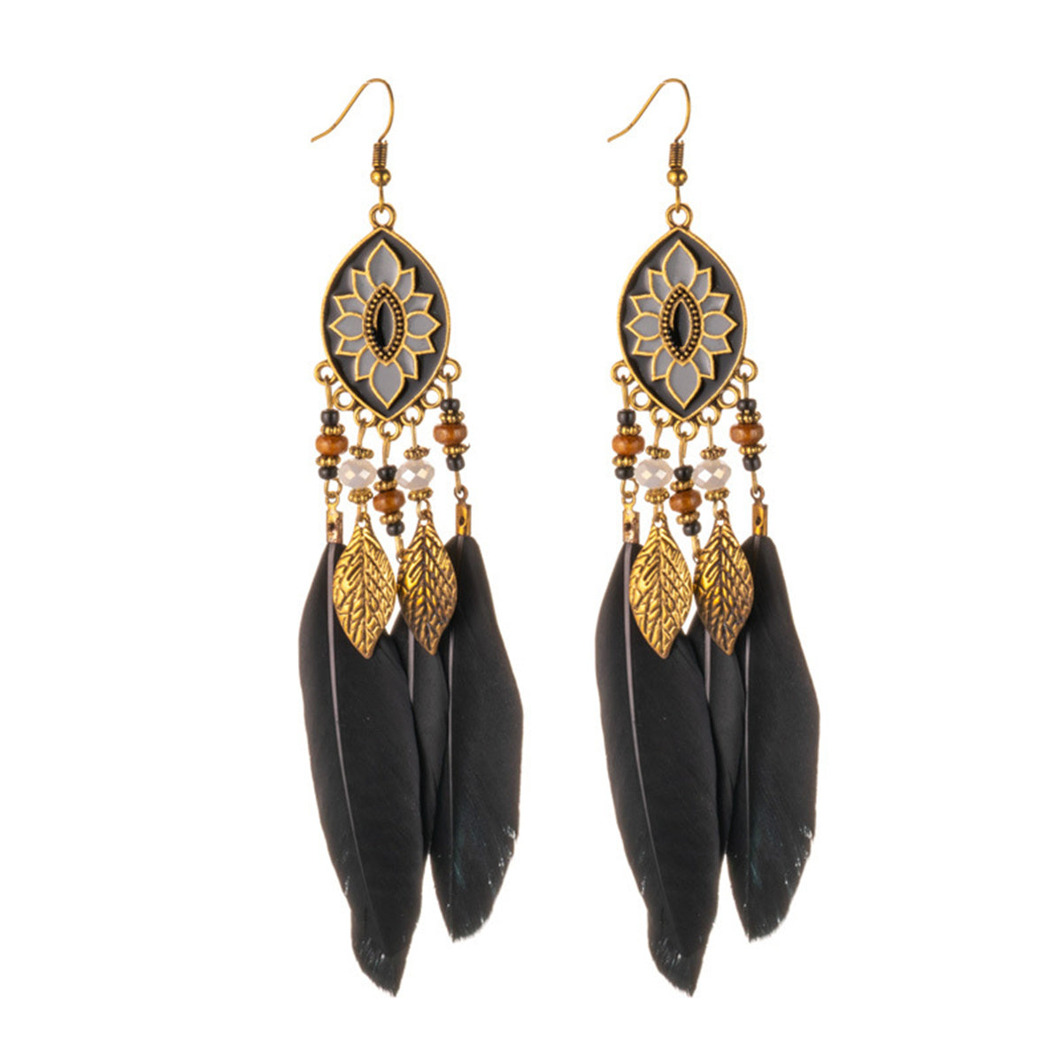 Women Faux Feather Earrings Bohemian Fringe Tassel Long Drop Dangle Earrings Set with Dream Catcher Design