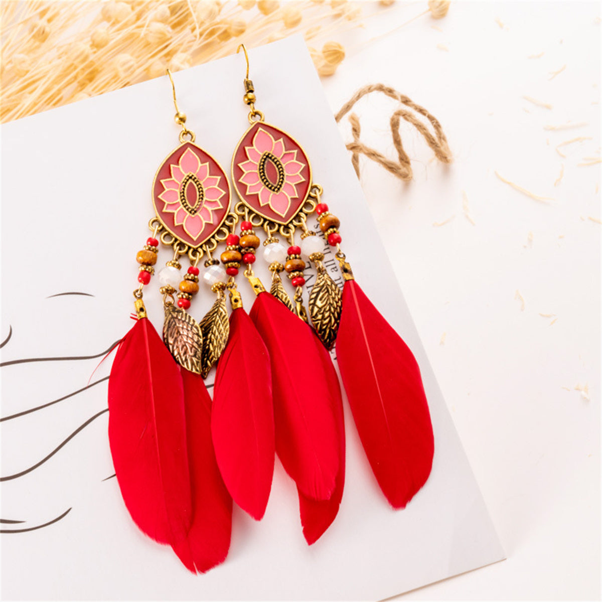 Women Faux Feather Earrings Bohemian Fringe Tassel Long Drop Dangle Earrings Set with Dream Catcher Design