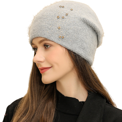 Beanie Hat for Women Knitted Real Rabbit Fur Slouch Cap with Rhinestone Winter Hat