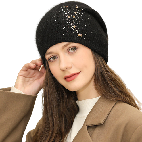 Beanie Hat for Women Knitted Real Rabbit Fur Slouch Cap with Rhinestone Winter Hat