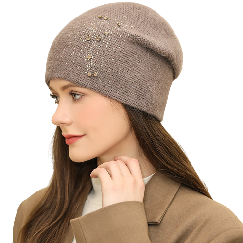 Beanie Hat for Women Knitted Real Rabbit Fur Slouch Cap with Rhinestone Winter Hat