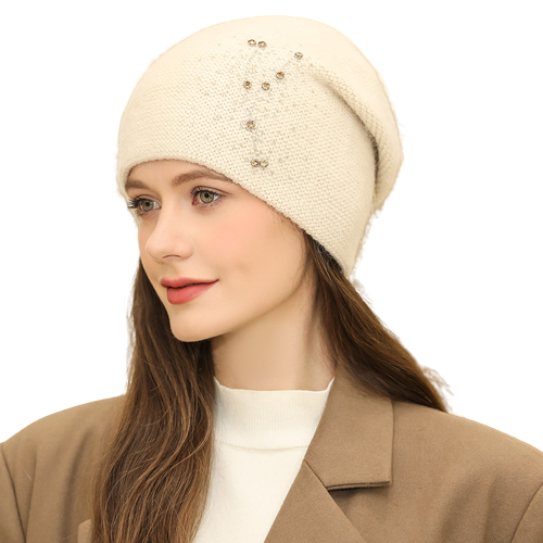 Beanie Hat for Women Knitted Real Rabbit Fur Slouch Cap with Rhinestone Winter Hat