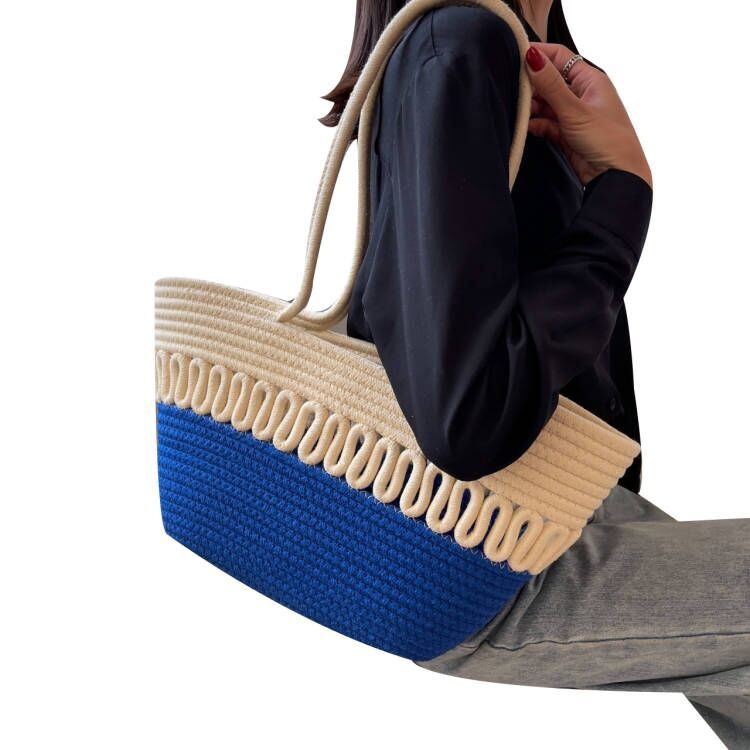 Large Capacity Beach Bag Straw Woven Bag Cotton Thread Woven Shoulder Bag Vegetable Basket