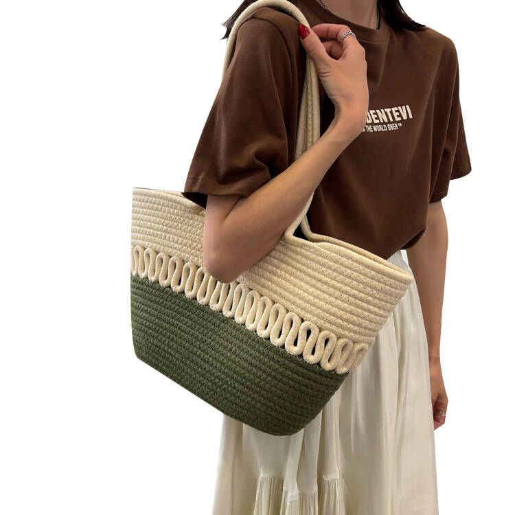 Large Capacity Beach Bag Straw Woven Bag Cotton Thread Woven Shoulder Bag Vegetable Basket