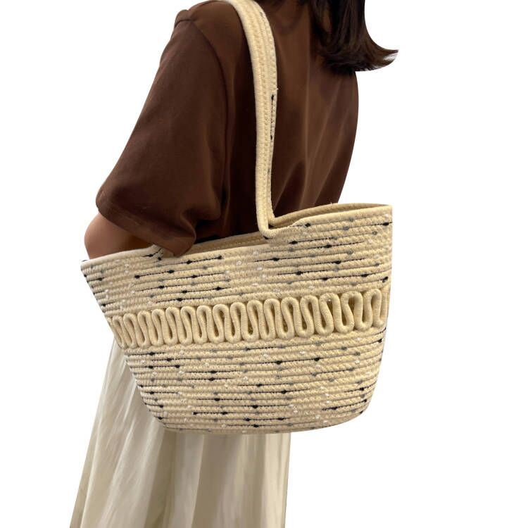 Large Capacity Beach Bag Straw Woven Bag Cotton Thread Woven Shoulder Bag Vegetable Basket