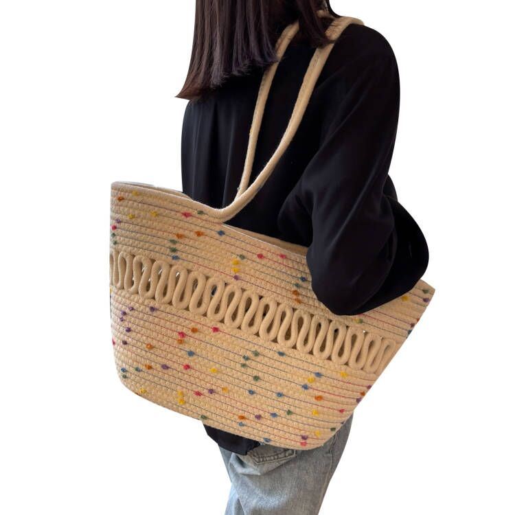 Large Capacity Beach Bag Straw Woven Bag Cotton Thread Woven Shoulder Bag Vegetable Basket