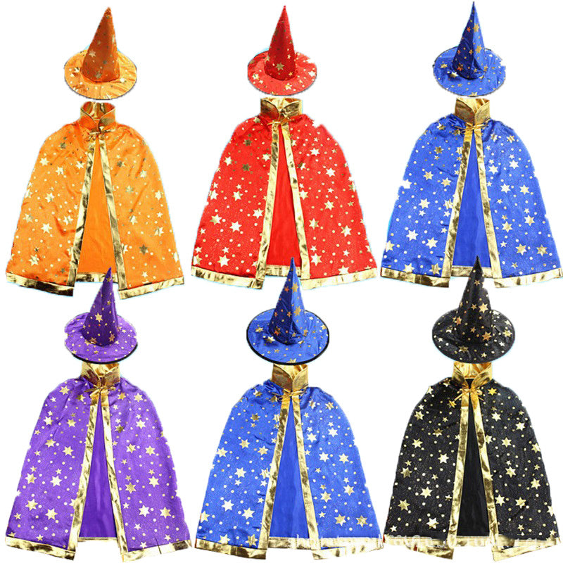 Kid's Halloween Party Costumes Witch Wizard Cloaks with Pointy Hat for Boys and Girls