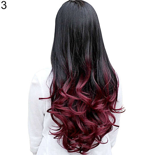 Women Big Wave Long Curly Wavy Gradient Color Ombre Three-forth Full Hair Wig