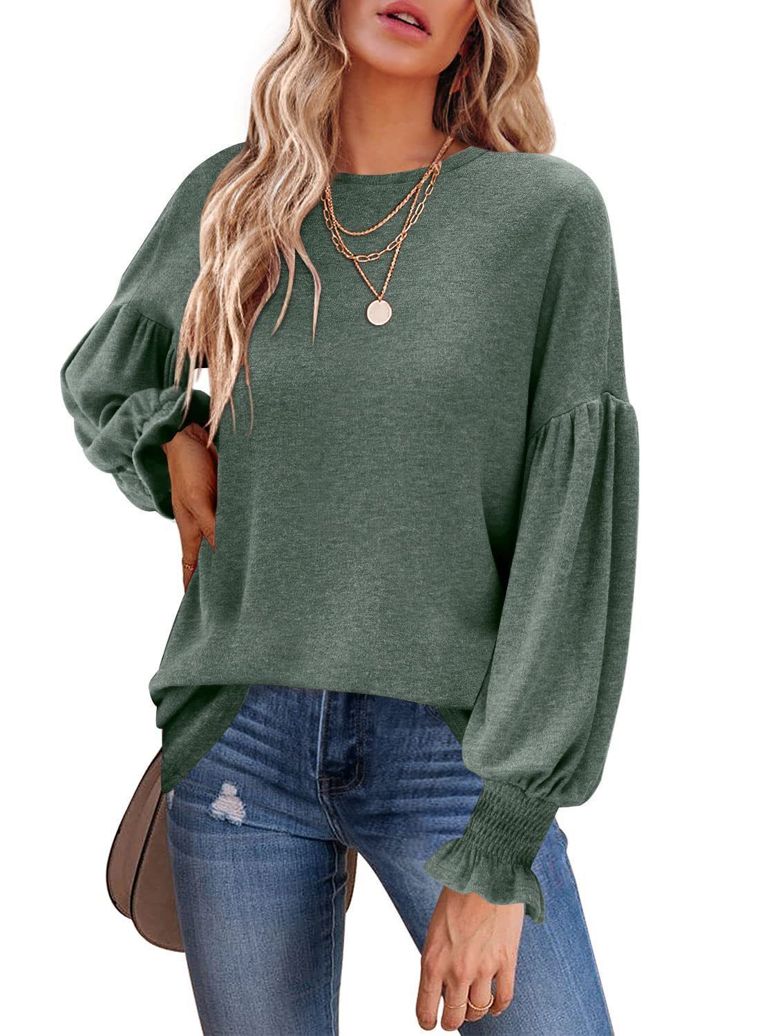 Women Round Neck Lantern Sleeve Tunics Top Sweater