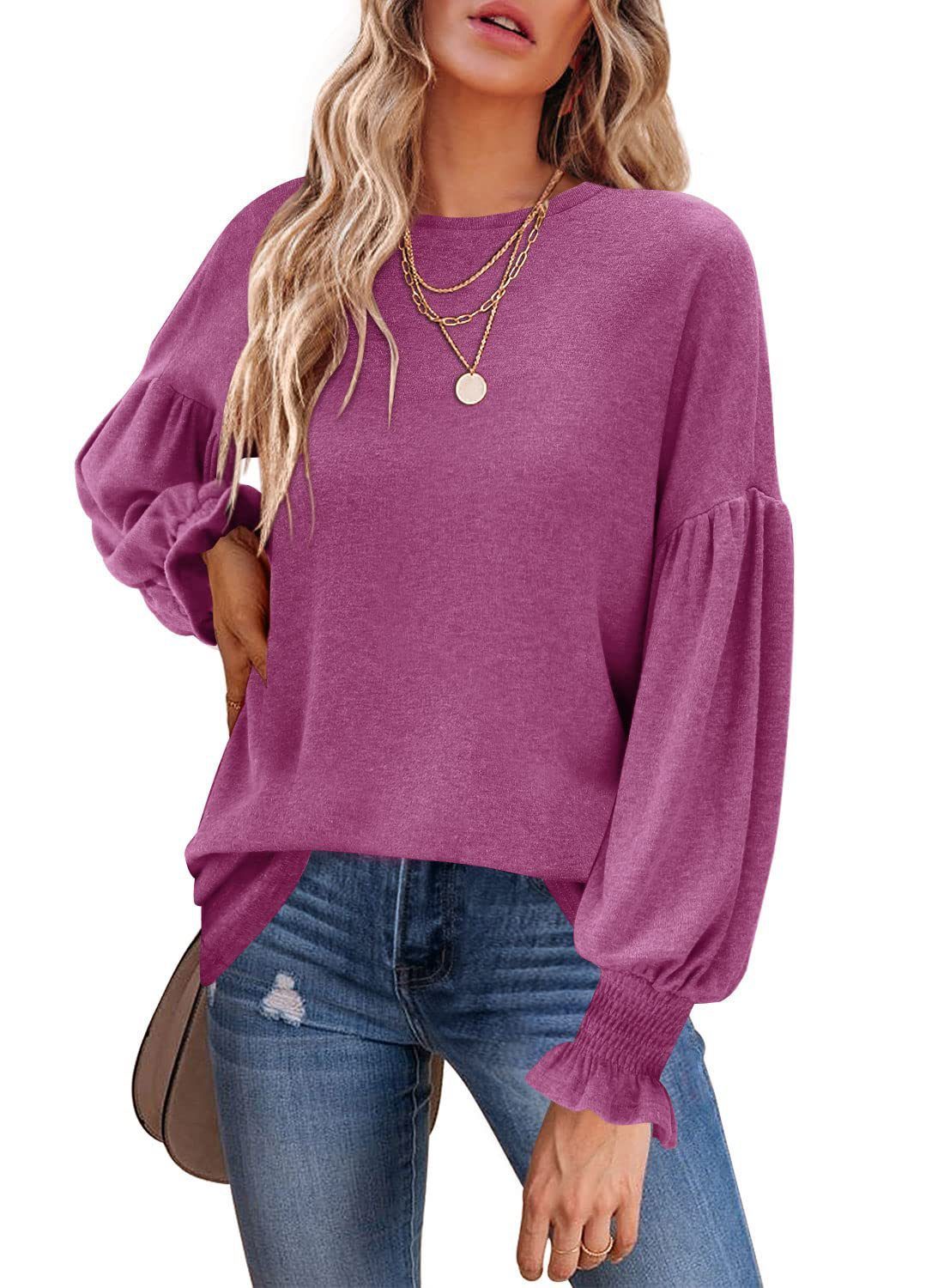 Women Round Neck Lantern Sleeve Tunics Top Sweater