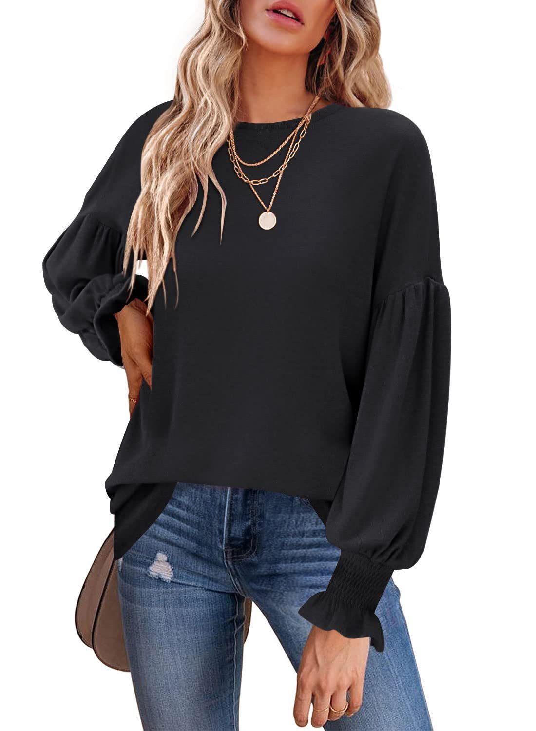 Women Round Neck Lantern Sleeve Tunics Top Sweater