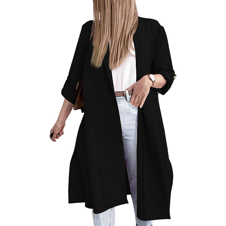 Women's Cardigan Three-quarter Sleeve Lapel Open Slit Long Coat Trench Jacket