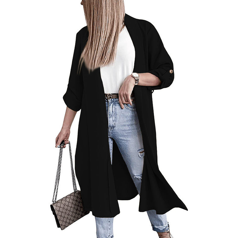 Women's Cardigan Three-quarter Sleeve Lapel Open Slit Long Coat Trench Jacket