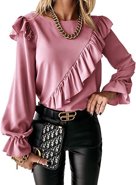 Women Crew Neck Beveled Ruffled Floral Tunics Tee Shirt Loose Casual Blouses