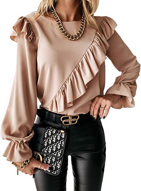 Women Crew Neck Beveled Ruffled Floral Tunics Tee Shirt Loose Casual Blouses