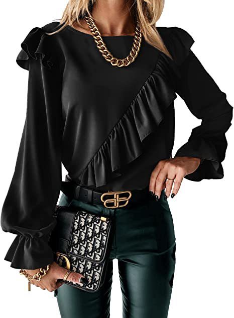 Women Crew Neck Beveled Ruffled Floral Tunics Tee Shirt Loose Casual Blouses
