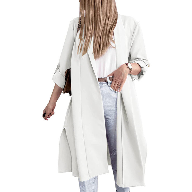 Women's Cardigan Three-quarter Sleeve Lapel Open Slit Long Coat Trench Jacket