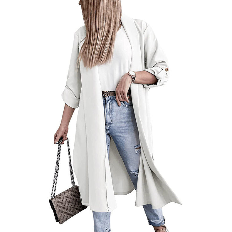 Women's Cardigan Three-quarter Sleeve Lapel Open Slit Long Coat Trench Jacket