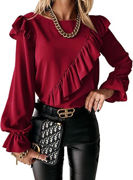 Women Crew Neck Beveled Ruffled Floral Tunics Tee Shirt Loose Casual Blouses