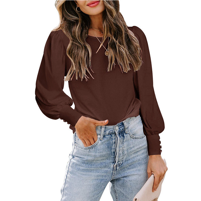 Women Loose Casual Puff Sleeve Button Long Sleeve Blouse