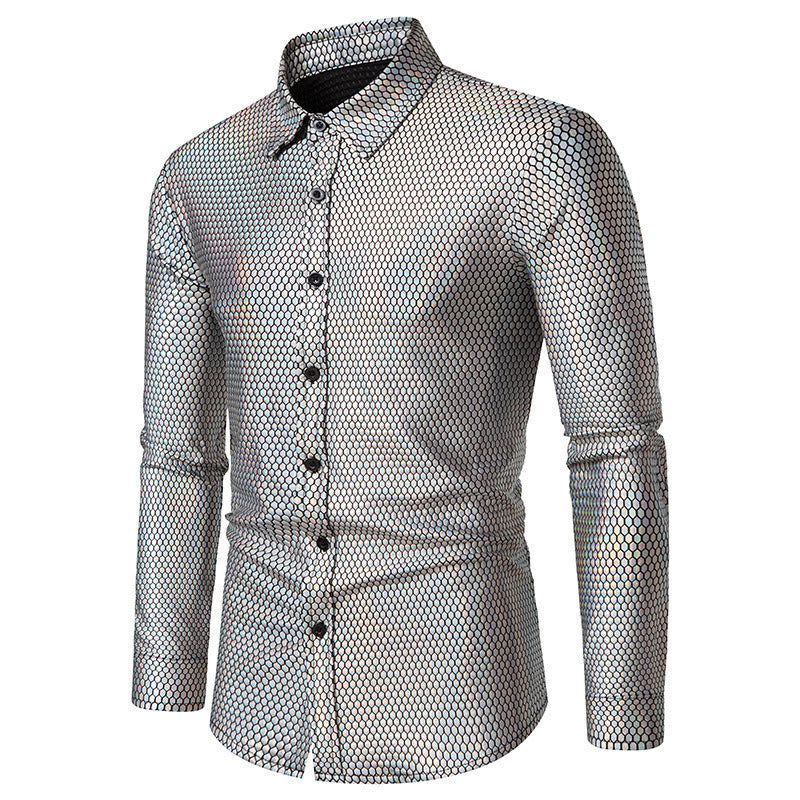 Men's Luxury Shiny Design Slim Fit Long Sleeve Button up Dress Shirts