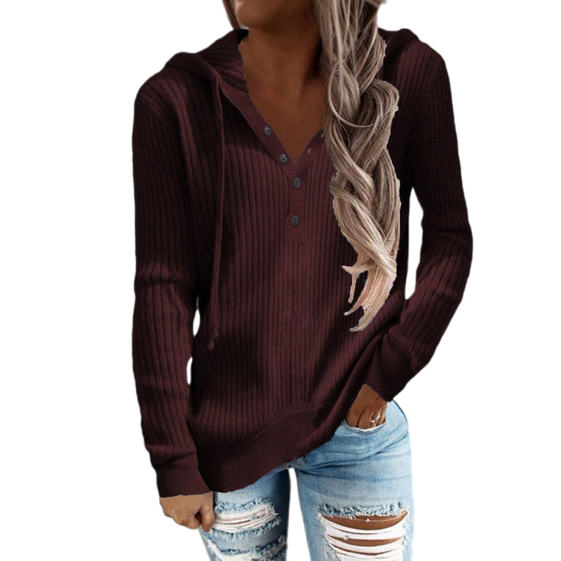 Women Striped Casual Hoodie Loose Long Sleeve Drawstring Knit Sweater Top Blouses