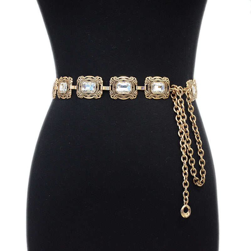 Women Belt Casual Vintage Carved Decorative Acrylic Crystal Metal Chain Waist Chain